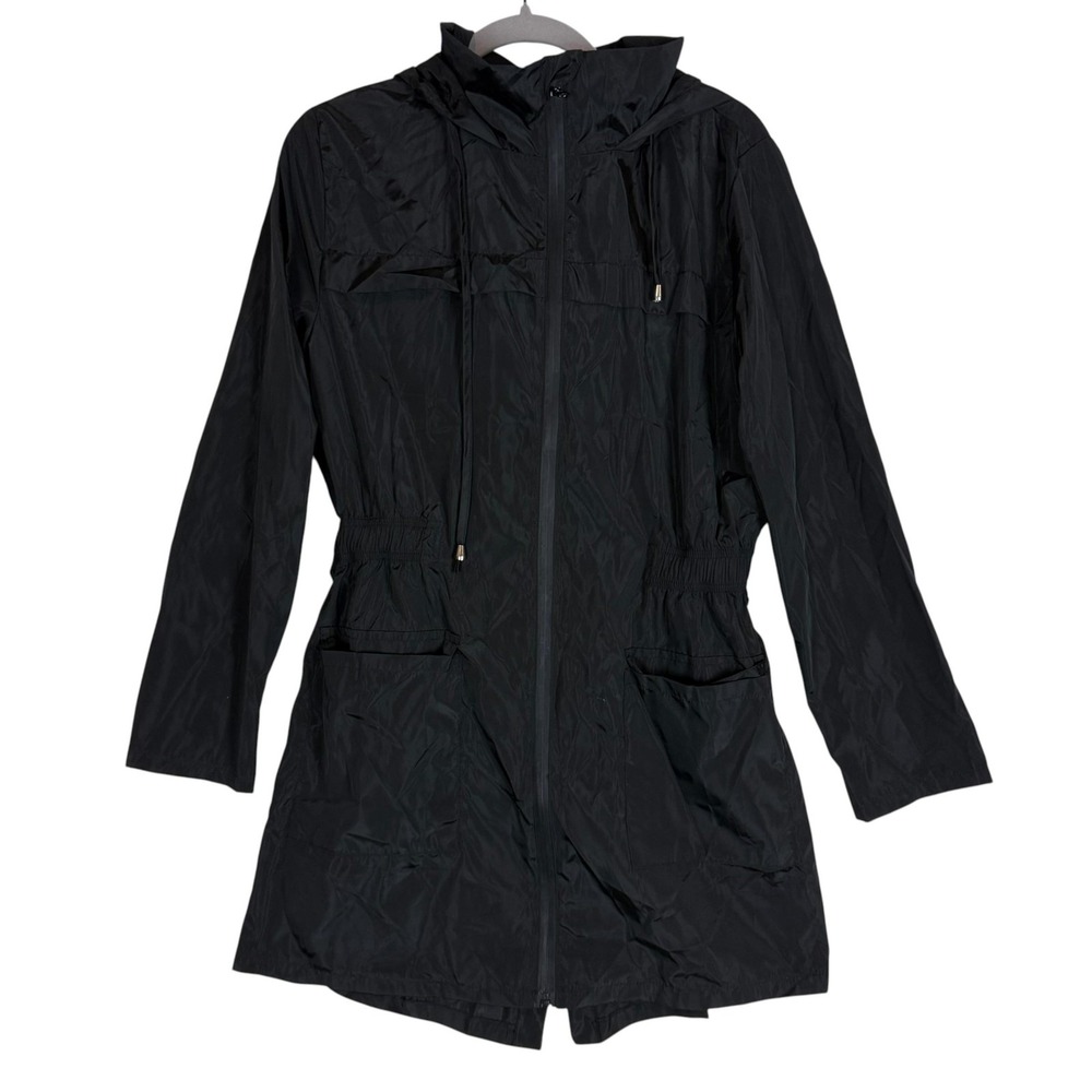 LOMON Coat Womens Small Black Hooded Lightweight Rain Full Zip Pockets Anorak